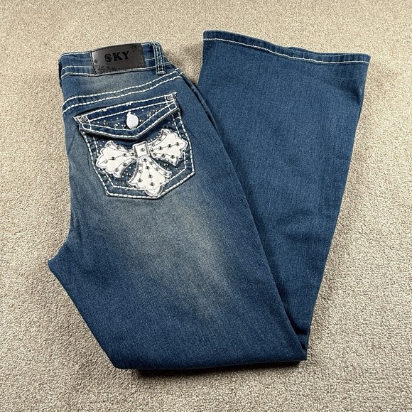Sky Denim - Sky Jeans Juniors 11/30 Blue Medium Wash Super Soft Flare Rhinestone Embellished